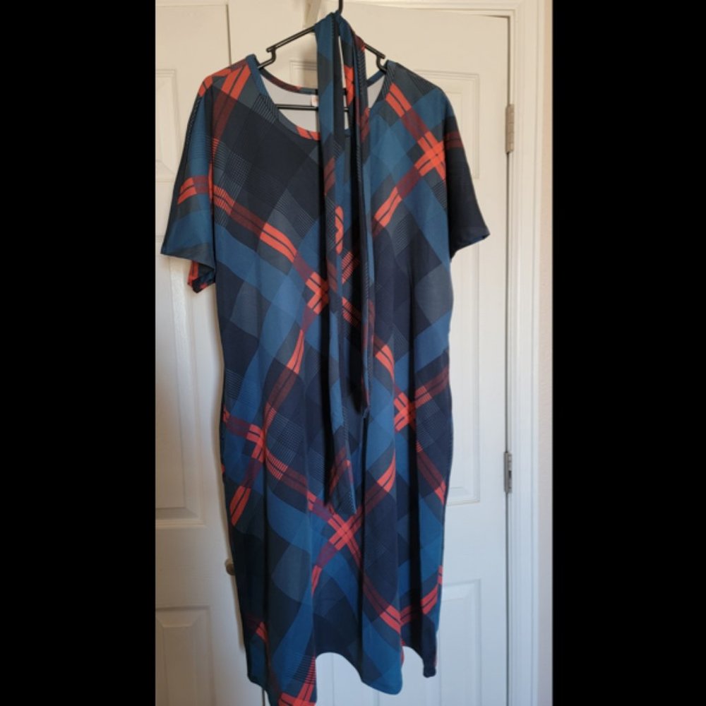 LulaRoe 3XL Marly Dress - Blues & Salmon Plaid design